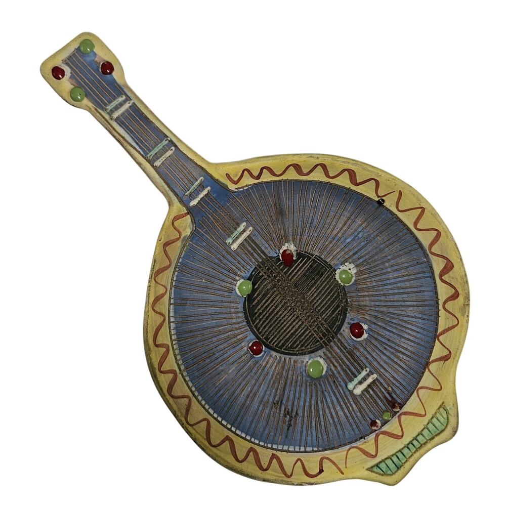 Vintage Italy Hand Painted Ceramic Mandolin Guitar Dish Folk Art Music Decor